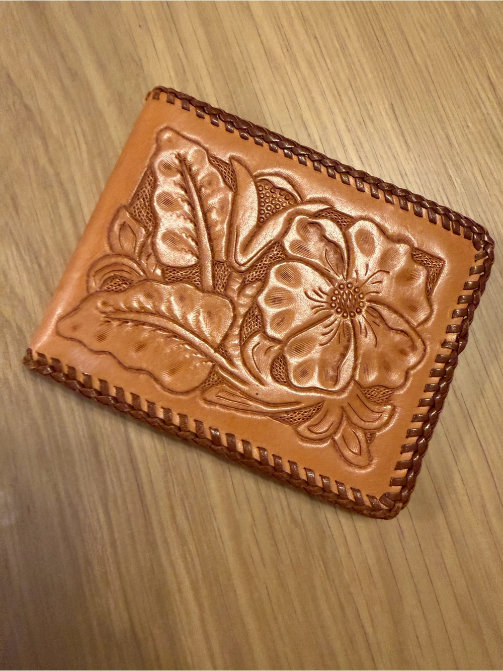 Hand-Tooled Floral Leather Wallet - Tan - Picture 2 of 8